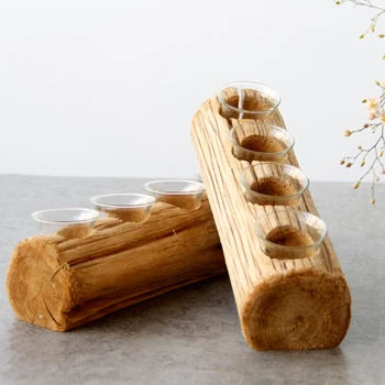 

4 Holes European Rustic Wedding Decoration Wooden Candlesticks Tea Light Glass Candle Holders for Christmas Party Birthday Decor