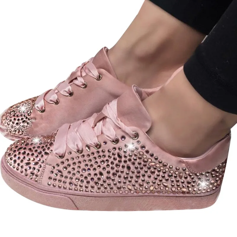 Adputent/женские шикарные кроссовки; повседневная обувь на плоской подошве; Женская Вулканизированная обувь со стразами; модная обувь для спорта на открытом воздухе; сверкающая обувь для бега - Цвет: pink