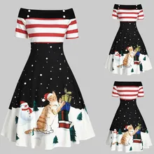 Рождественское платье для женщин, платья плюс размера плюс, рождественское платье с принтом кота, короткий рукав, на пуговицах, с открытыми плечами