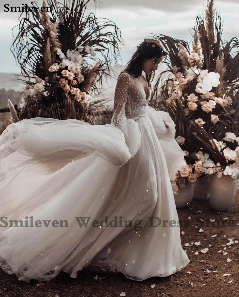 Smileven Boho A Line свадебное платье пышные рукава сексуальные платья невесты с v-образным вырезом vestido de casamento Пышные свадебные платья из фатина