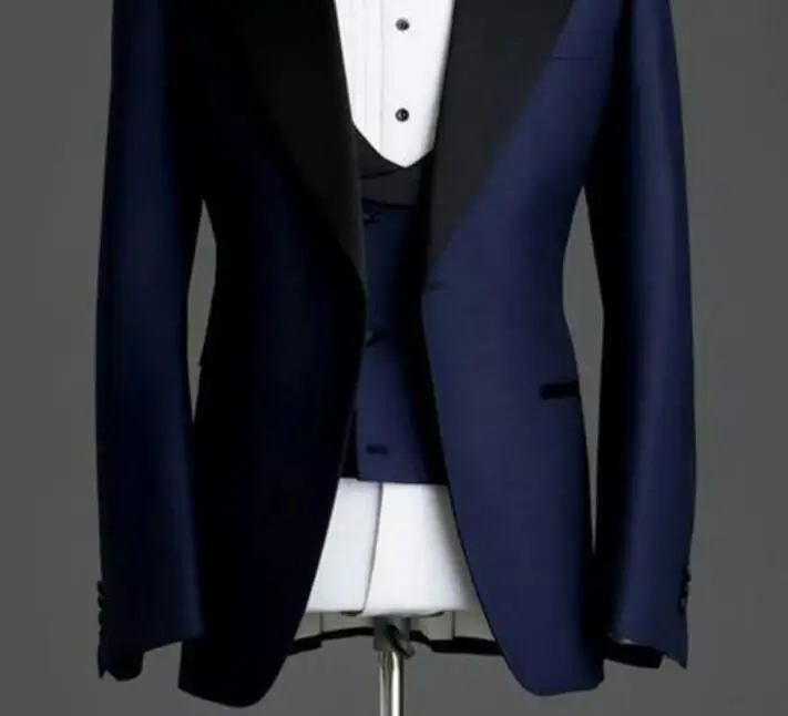 Navy Blue Slim fit Man Suits for Wedding Groom Tuxedos Black Peaked Lapel 3 Piece Male Suit Set Jacket Pants Vest Formal Style