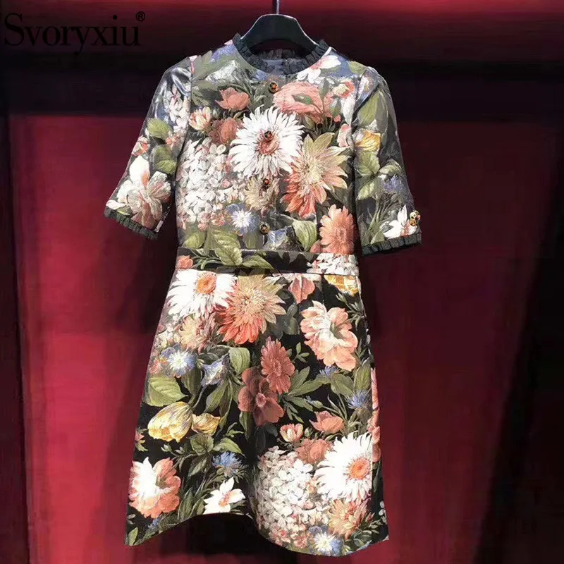 Svoryxiu роскошное подиумное весеннее летнее винтажное платье с цветочным принтом женские черные кружевные платья с коротким рукавом на пуговицах