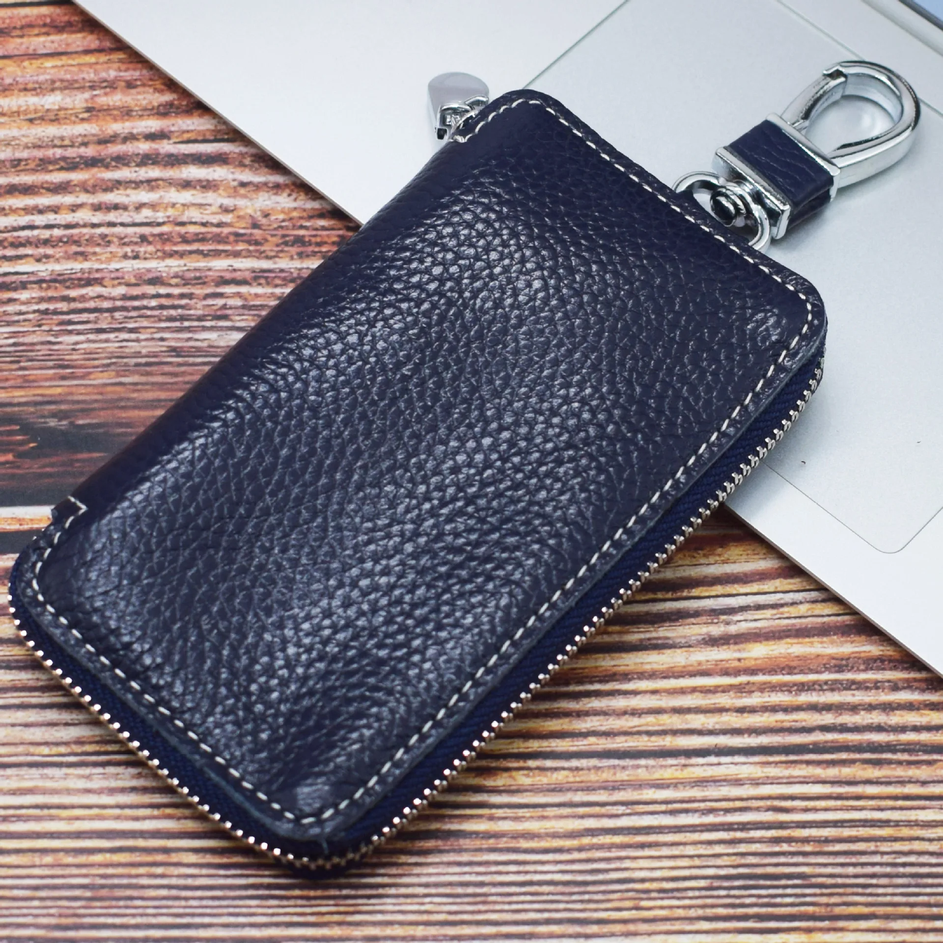Royalblue-hook Genuine Leather Key Wallet Men Keychain Holder Pouch Purse Zipper Designer Car Key Case Multifunction Door Keys Housekeeper Bag - Color: Royalblue-hook
