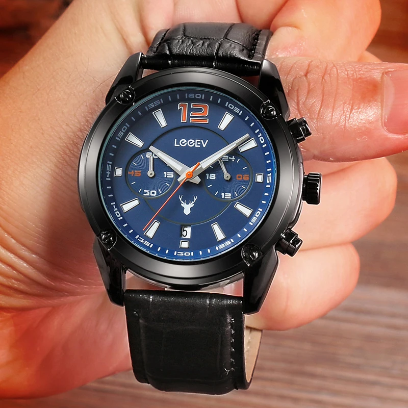 LeeEv мужской спортивный кожаный для часов военный хронограф светящийся Аналоговый кварцевые многофункциональные наручные часы для подарков