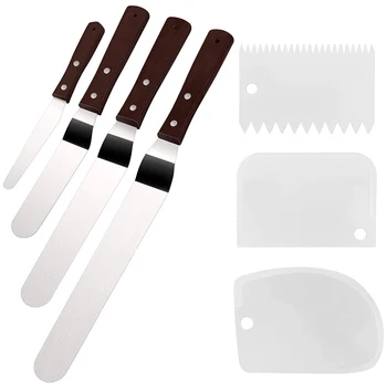 

Cake Icing Spatula Set of 4 Packs(10 +8 +6 +4 inch) and Cake Smoother Scraper Set of 3 Packs,Spatula with Wooden Handle