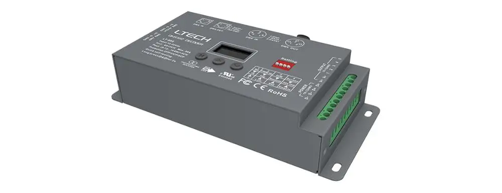5CH DMX-PWM декодер; RGB+ CCT декодер 5 каналов DMX DecoderDC12-24V вход; 6A* 5CH XLR-3/RJ45 зеленый порт терминала