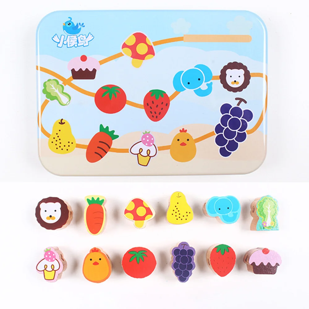 Wooden toys Baby DIY Toy Cartoon Animal Fruit Stringing Threading Wooden beads toy Monterssori Educational Children funny gadget