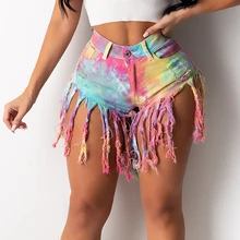 

Women Tassel Tie Dye Denim Shorts Hight Waist Skinny Plus Size Jeans Indie Style Folk Casual Shorts Buttons Summer Streetwears