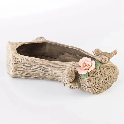 

Rectangular imitation wood pile head root carving bird girl heart succulent flower pot ceramic garden decoration decoration