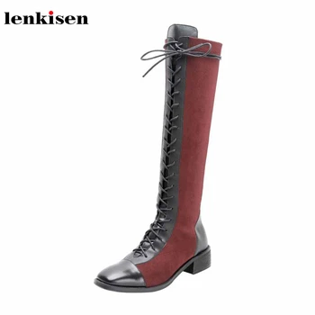 

Lenkisen cow leather mixed colors lace up stretch flock square toe med heels back zipper winter warm women thigh high boots L83