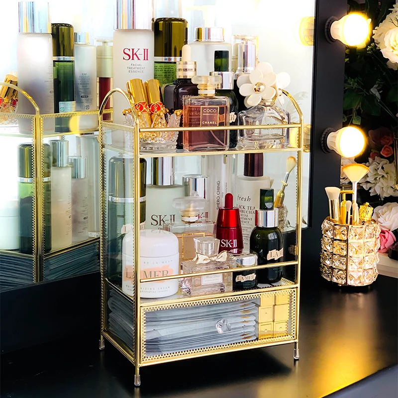New Arrival Gold Glass Clear Makeup Organizer Perfume Lipstick Cosmetic Storage Display Box Case Stand Rack Holder Organizer