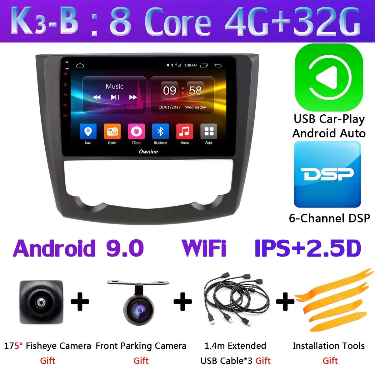 360 ° панорамная 4 × камера 4G WiFi Android 9,0 4G+ 64G SPDIF DSP CarPlay Автомобильный мультимедийный плеер для Renault Kadjar- gps радио - Цвет: K3-B-CarPlay