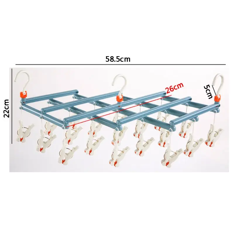 Windproof Foldable Quickly Remove Laundry Clothes Drying Rack Hanger Hook with 19 Roller Clips for Underwear Sock Glove Rotating