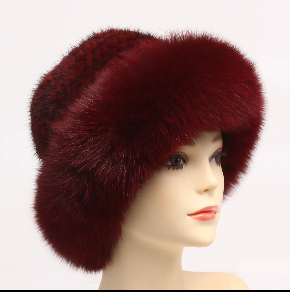 Winter Knitted Real Mink Fur Hats Luxury Natural Real Fox Fur Cap Ladies Winter Warm Fluffy Casual Natural Genuine Fur Hats
