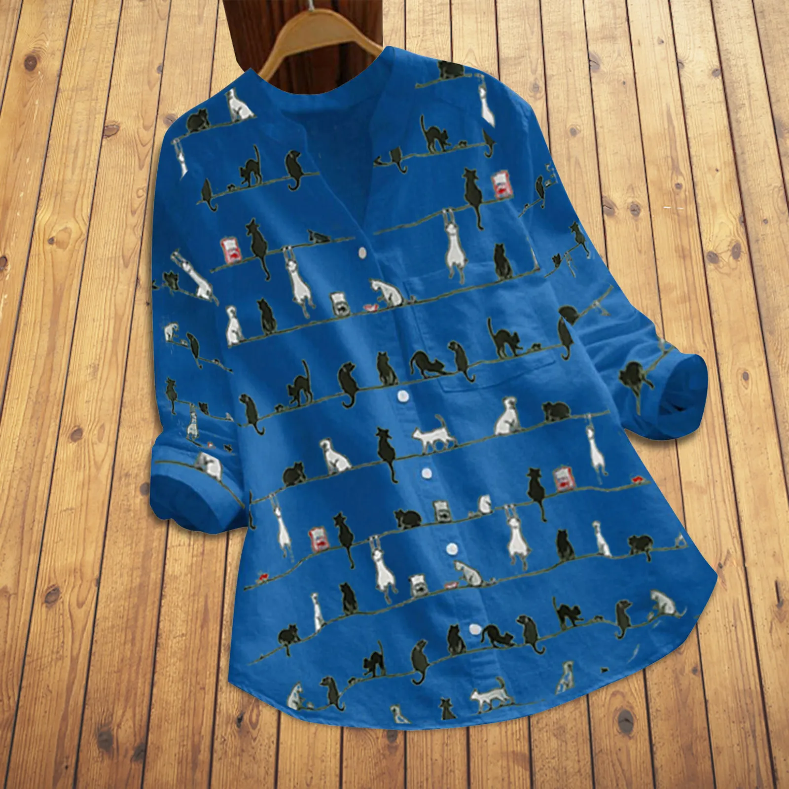 V-Neck Button Loose Shirt Top Blouse Women Casual Cat Print Long Sleeve woman long shirt dress рубашка женская 1