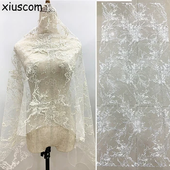 

Drilling Silver White Sequins Bronzing Mesh Lace Fabric DIY Sew Clothes Wedding Evening Dress Accessories 150*91cm