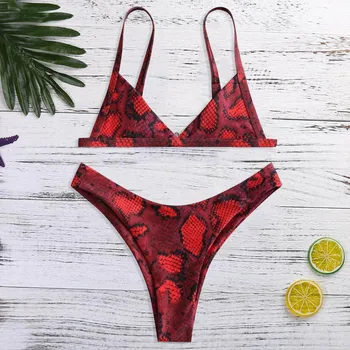 

Swimwear Women Snake Print High Cut V Neck Two Pieces Bikini Thong Swimsuit Beachwear bathing suit women maillot de bain femme