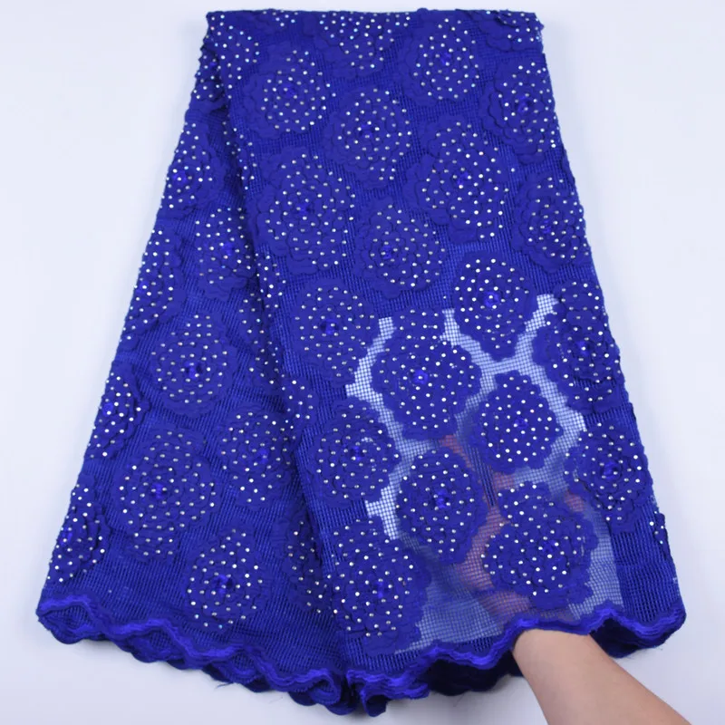 Синяя сетчатая вышивка кружева АФРИКАНСКАЯ Высококачественная кружевная ткань
