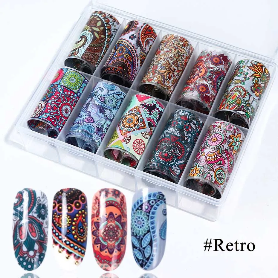 Retro 10 шт Голографическая фольга для ногтей, набор цветов, звездное небо, мраморный дизайн ногтей, переводная наклейка, маникюр, сделай сам, клей, украшение SA1027 - Цвет: Retro