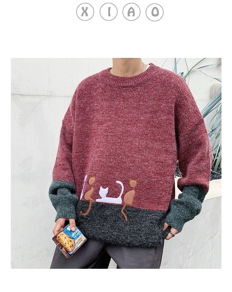 Осень 2019, Корейский мужской свитер, японский Ретро стиль, модный, Простроченный, черный цвет, студенческий стиль