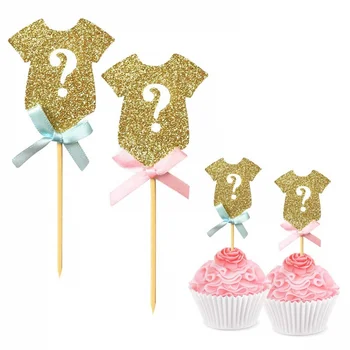 

12pcs Glitter Gender Reveal Cupcake Toppers Gender Reveal Baby Shower Party Bowknot Cake Food Decoration Supplies