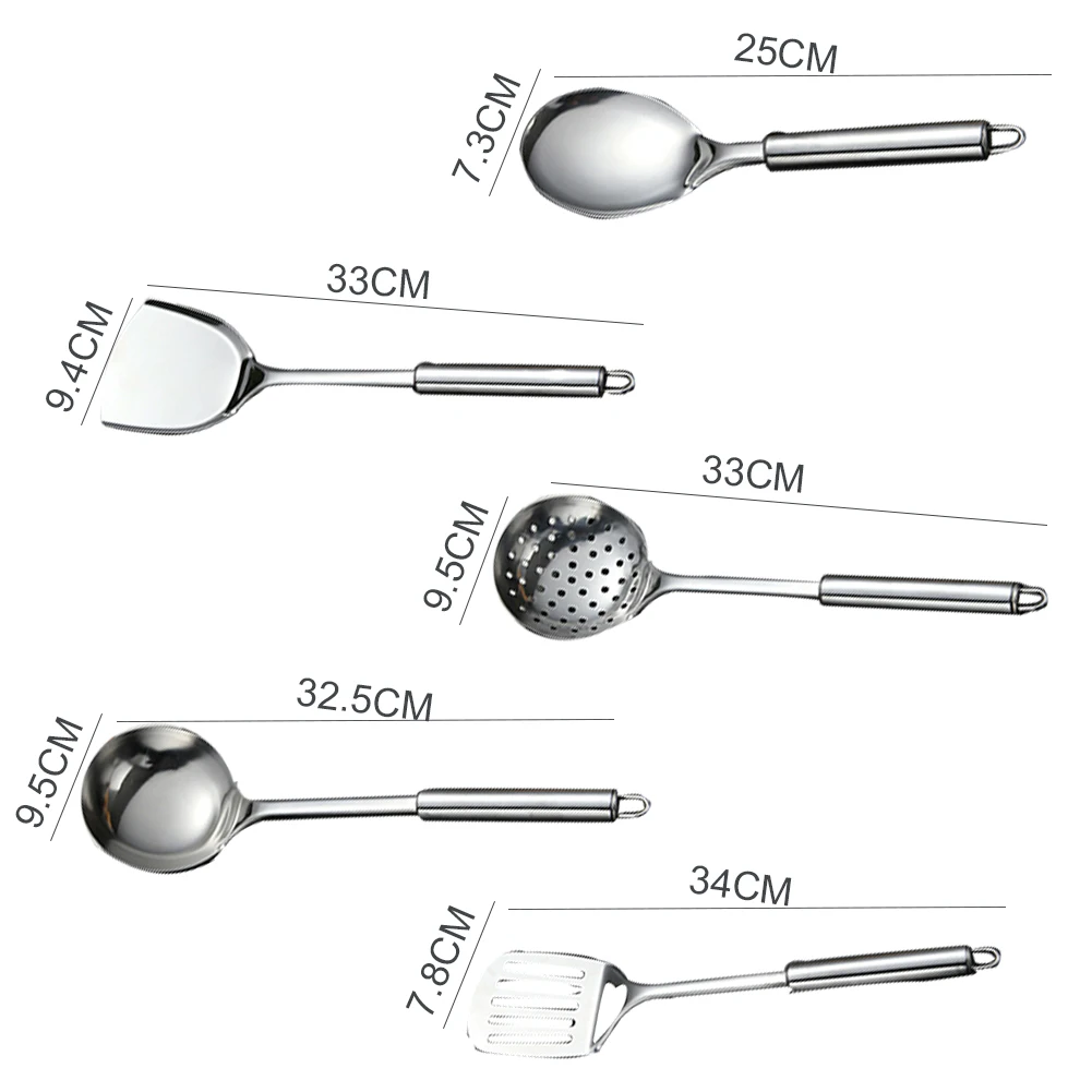 5Pcs Stainless Steel Practical Durable Easy Clean Spoon With Hanging Hole Healthy Serving Tools Kitchen Utensil Set Spatula