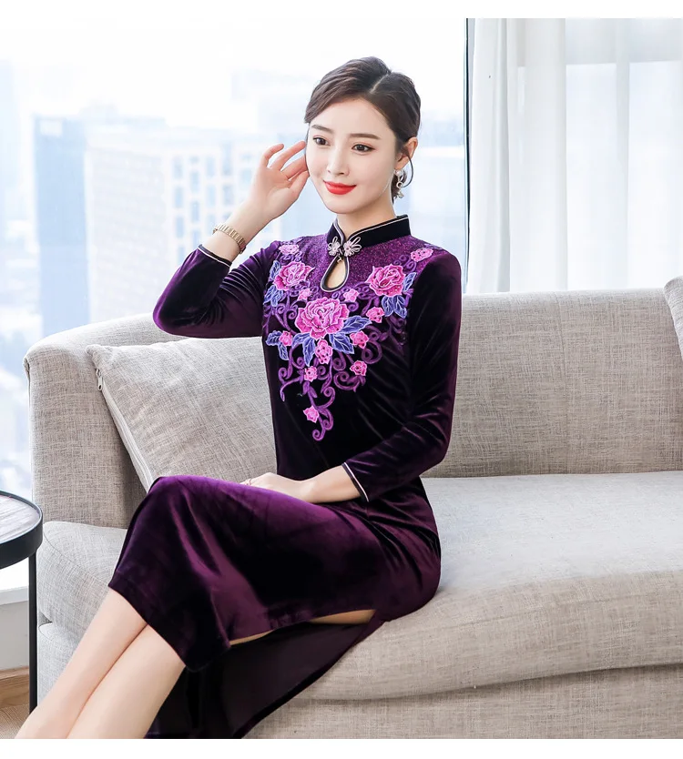 Ne8342@ осеннее Золотое бархатное платье с вышивкой Cheongsam улучшенное свадебное банкетное платье для женщин среднего возраста формальное платье