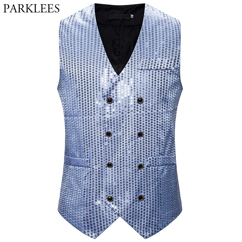 Mens Shiny Glitter Vest Double-breasted Sequin Men Vest Casual Wedding Nightclub Dance Men Gilet Party Mens Dress Vests Hombre