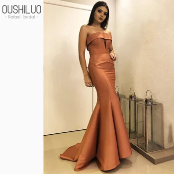 

Formal Copper Mermaid Evening Dress Long 2020 Simple Keyhole Neck Strapless Party Dresses Gown Fishtail Sweep Train With Ruffles