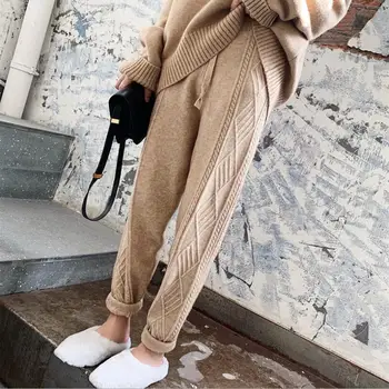 

Qooth Autumn Winter Solid Women Knitted Pants Loose Casual Drawstring Grey Girl trousers Black streetwear Harem Pants qh2179