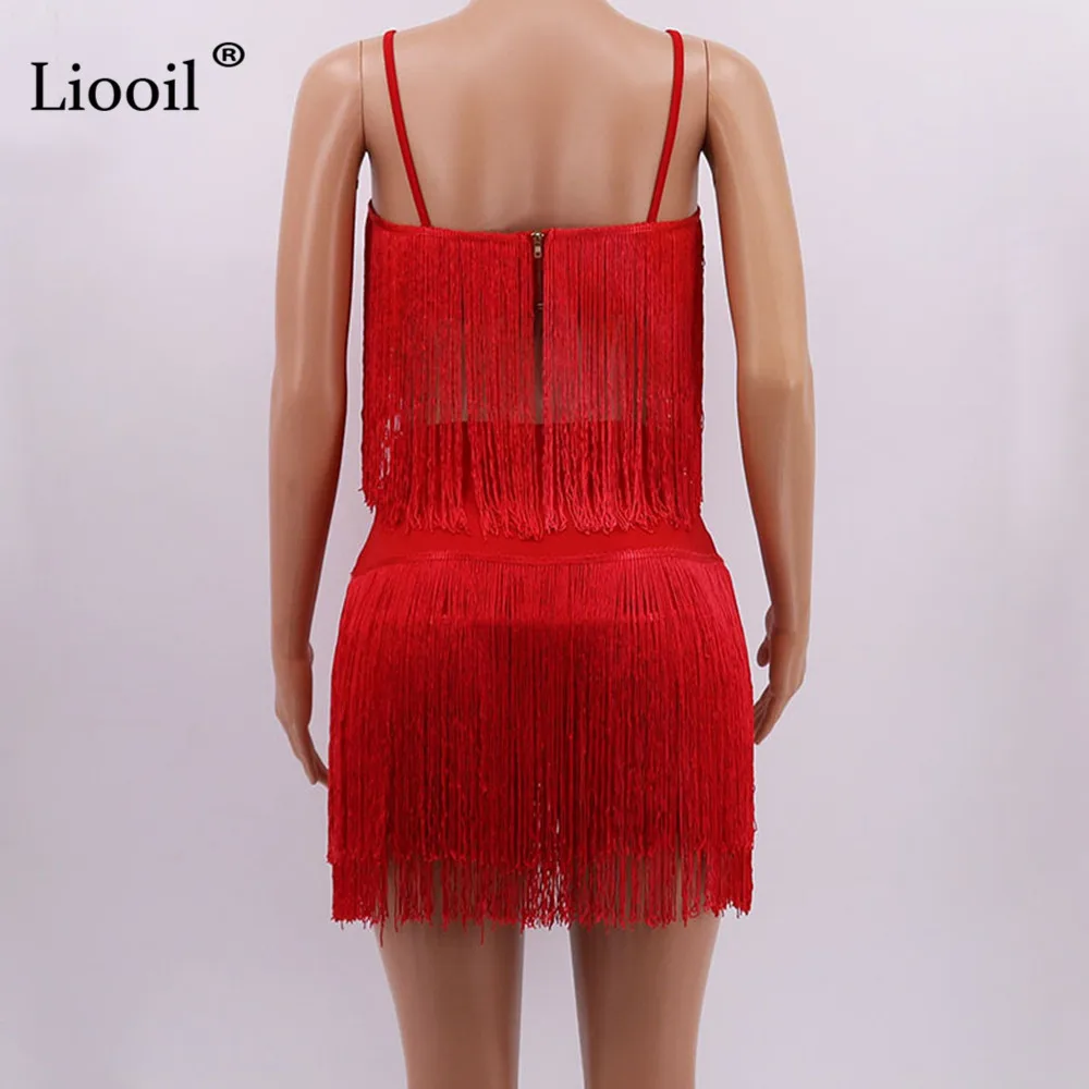 Liooil Белый Красный кисточкой 2 шт набор Bodycon мини платье женское сексуальное Клубная одежда без рукавов с открытой спиной спагетти ночной клуб короткое платье