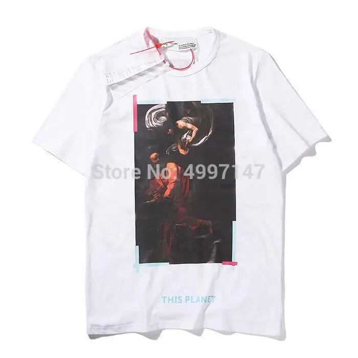 19SS Off-White пара влюбленных моделей хлопок мода короткий рукав в полоску граффити Печать Круглый вырез Футболка Хип Хоп Уличная
