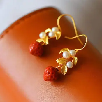 

South red enamel porcelain small strawberry Pearl Earrings Chinese style retro sweet romantic fresh women charm brand jewelry