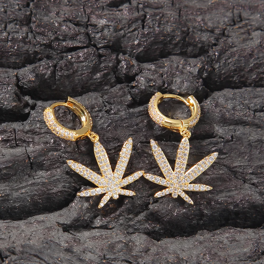 Leaf Plant Bling Bling Iced Out Cubic Zircon Mirco Pave Prong Setting Brass Earrings Fashion Hip Hop Jewelry BE018