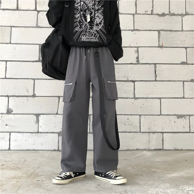 String High Waistband Zip Pocket Ribbon Loose Harem Cargo Jogger Hip Hop Streetwear Punk Track Pant Harajuku Women Man Korean