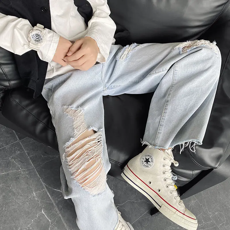 

2020 Spring And Summer New Youth Popular Men's Loose Solid Color Personality Mopping Jeans Fashion Casual Hole Straight Pants