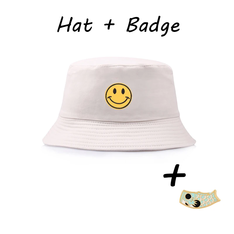 Beige with Badge Дешевая Женская Рыбацкая шляпа с вышивкой улыбки для мужчин и женщин на весну и лето, Уличная Повседневная Кепка с козырьком от солнца, симпатичный значок черного цвета - Цвет: Beige with Badge