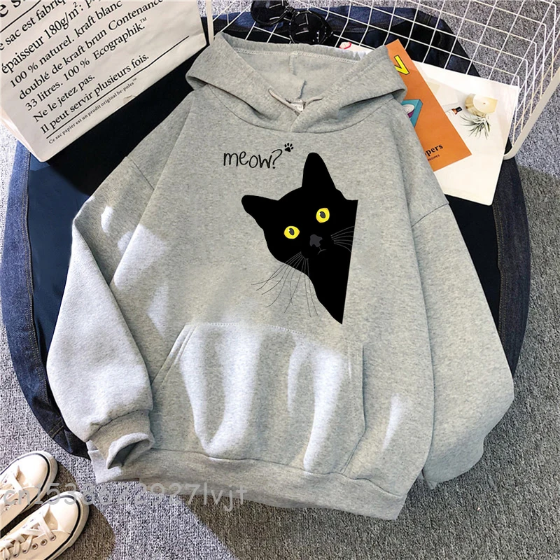 

Meow Black Cat Men Hooded Fashion Loose Sweatshirts Unisex Thicken Prints High Quality Pullover Street Warm Sportswear Clothes