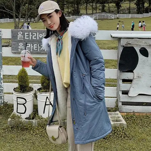 Длинное пальто для девочек хлопковая куртка, теплая хлопковая куртка, большой меховой воротник хлопковая куртка - Цвет: Синий