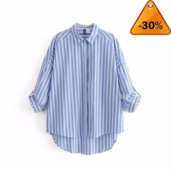

Autumn 2020 Spring New Fashion Stand Collar Long Sleeve Blue Striped Loose Big Size Double-deck Shirt Women Blouse YC203
