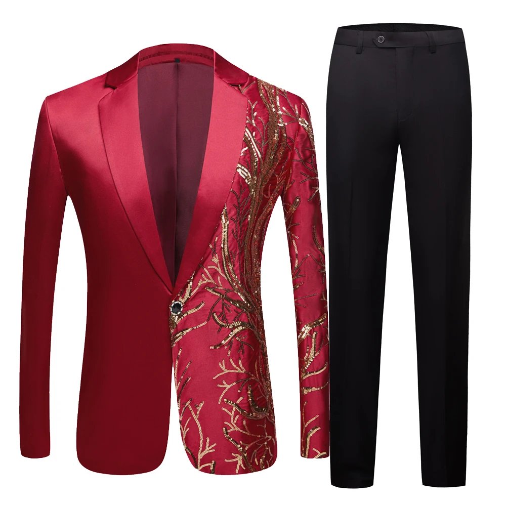 New men's wine red sequin suit wedding groom costume night club party dance singer Sequins Blazer Costume Wedding Suits | Мужская