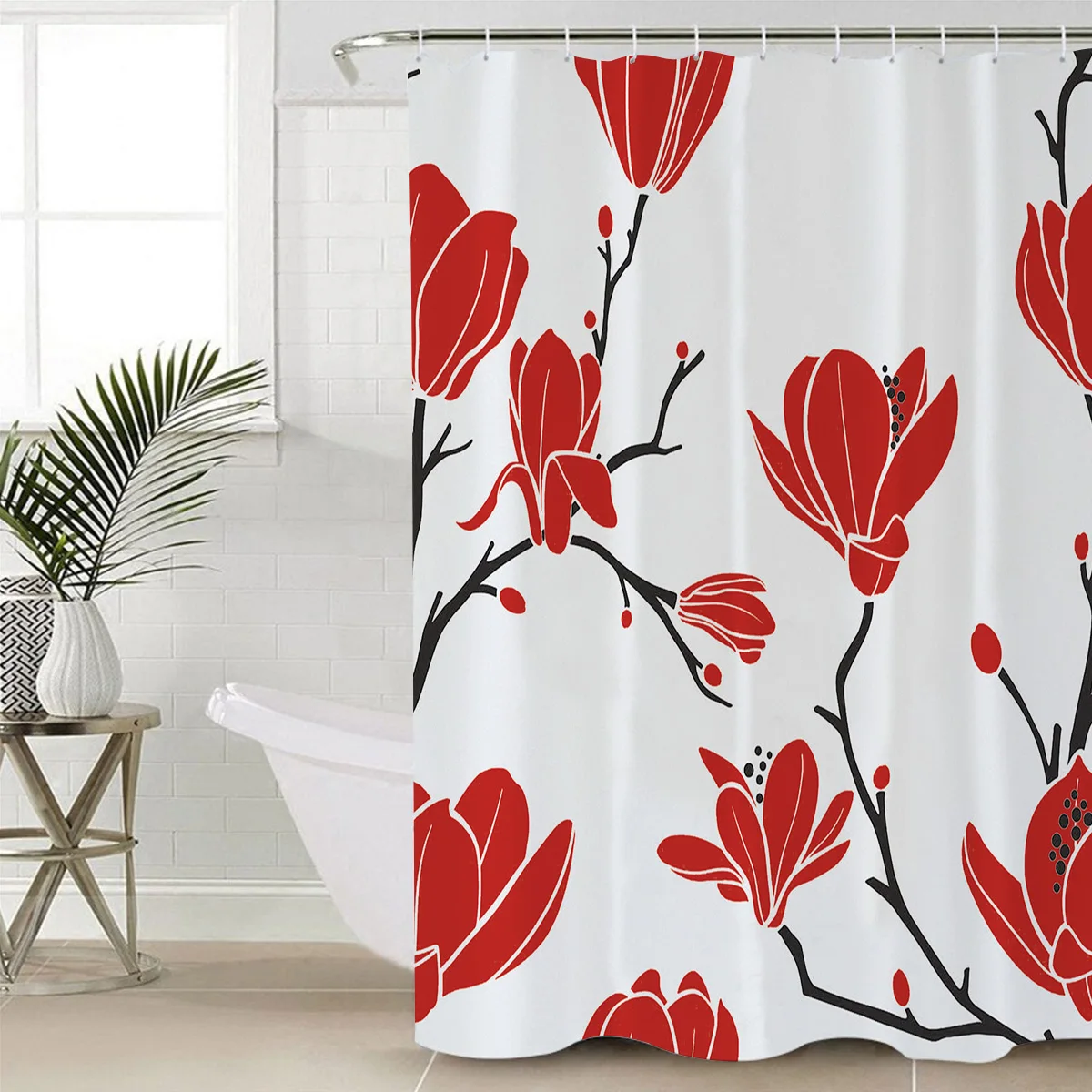 Red Floral Pattern Seamless Pattern Bathroom Shower Curtain Set with Hooks