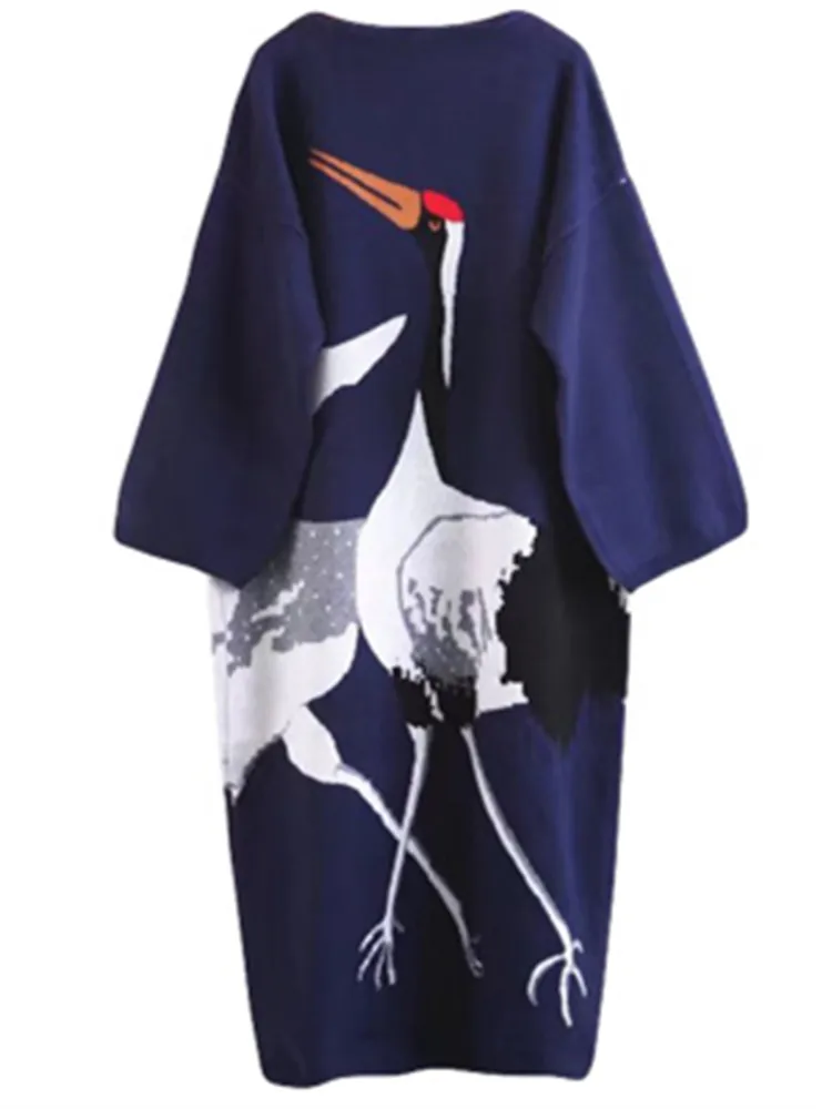 Autumn Casual Cashmere Trench Coat Women Cartoon Cranes Pattern Open Stitch Knitting Long Outwear Oversize-1028