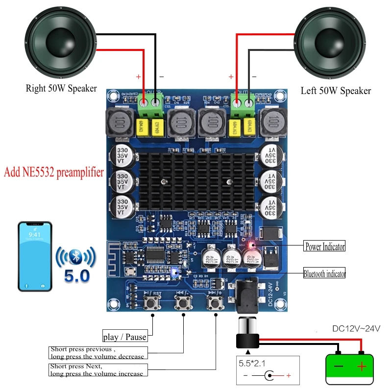 XH-A304 Bluetooth 5,0 Высокая мощность двухканальный цифровой усилитель мощности плата TPA3116D2 50WX2 стерео усилитель Amplificador домашний кинотеатр