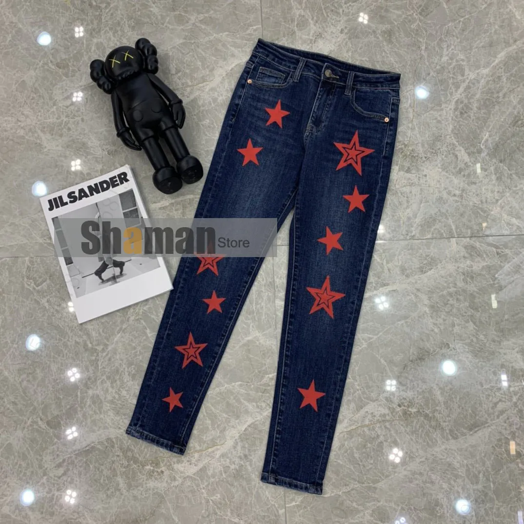 

luxury designer branded 1:1 women Autumn New blue Denim High Waist Stars Printed Stretch Tight Tappered Pencil Pants woman Jeans