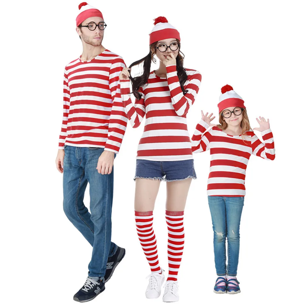 S-XXL Parent-Child Cartoon Where is Wally Waldo Costume Waldo Book Week Cosplay Outfit Stripe Shirt Hat Glasses Kit vampire costume women