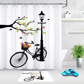

Spring Flower Tree Branch Bicycle Street Lamp Shadow Shower Curtain Sets Bath Door Mat Bathroom Accessories Curtains With Hooks
