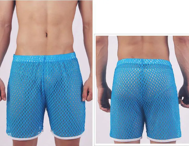 Pijama Hombre мужские шорты прозрачная сетчатая ночнушка мужские пижамы Нижнее белье Мужские сотовые дышащие ночные штаны для мужчин - Цвет: Синий
