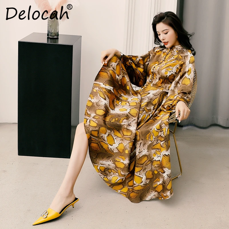 Delocah, весенне-летнее женское платье, подиумное, модное, дизайнерское, рукав-фонарик, простое, на пуговицах, с принтом, элегантное, тонкое, женское платье