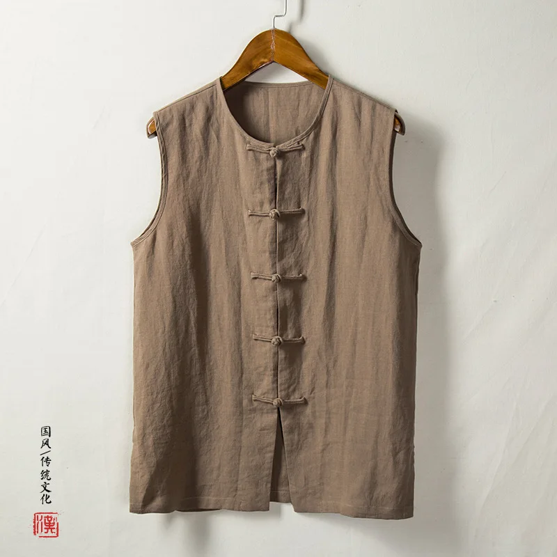 Traditional Chinese Clothing Men Cotton Linen Vests Sleeveless Waistcoat Casual Kung Fu Tai Chi Tang Suit Style Tops CN-130